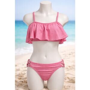 NWT- O’Neill Girls Pink Ruffle Bikini Set Shimmer Swimwear Size 14